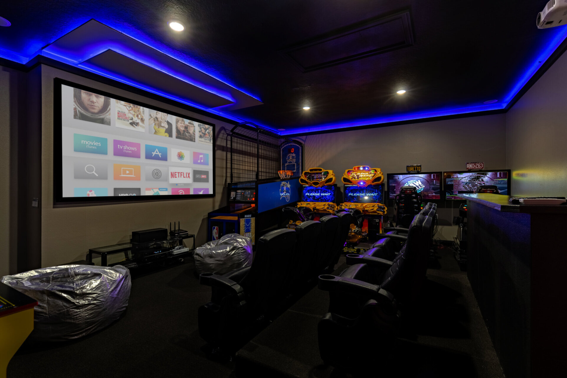 Seating for 12, Apple TV, upgraded cable, Xbox One, PS4 and arcades galore