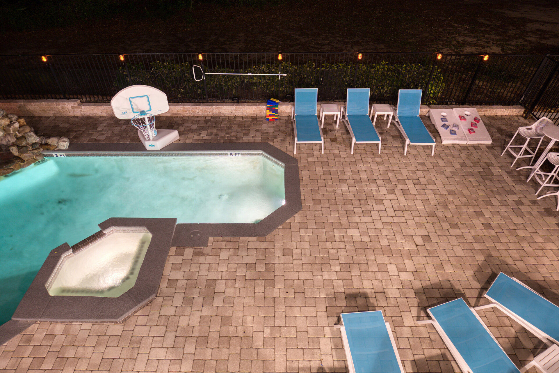 Late night pool views from the second floor balcony