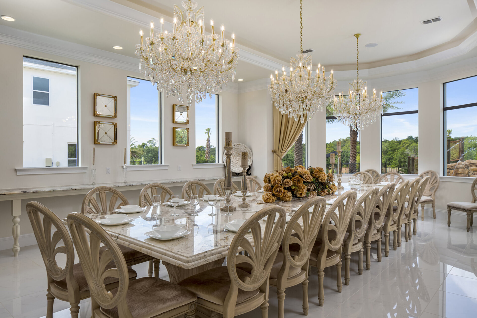 The luxurious dining space has seating space for 24