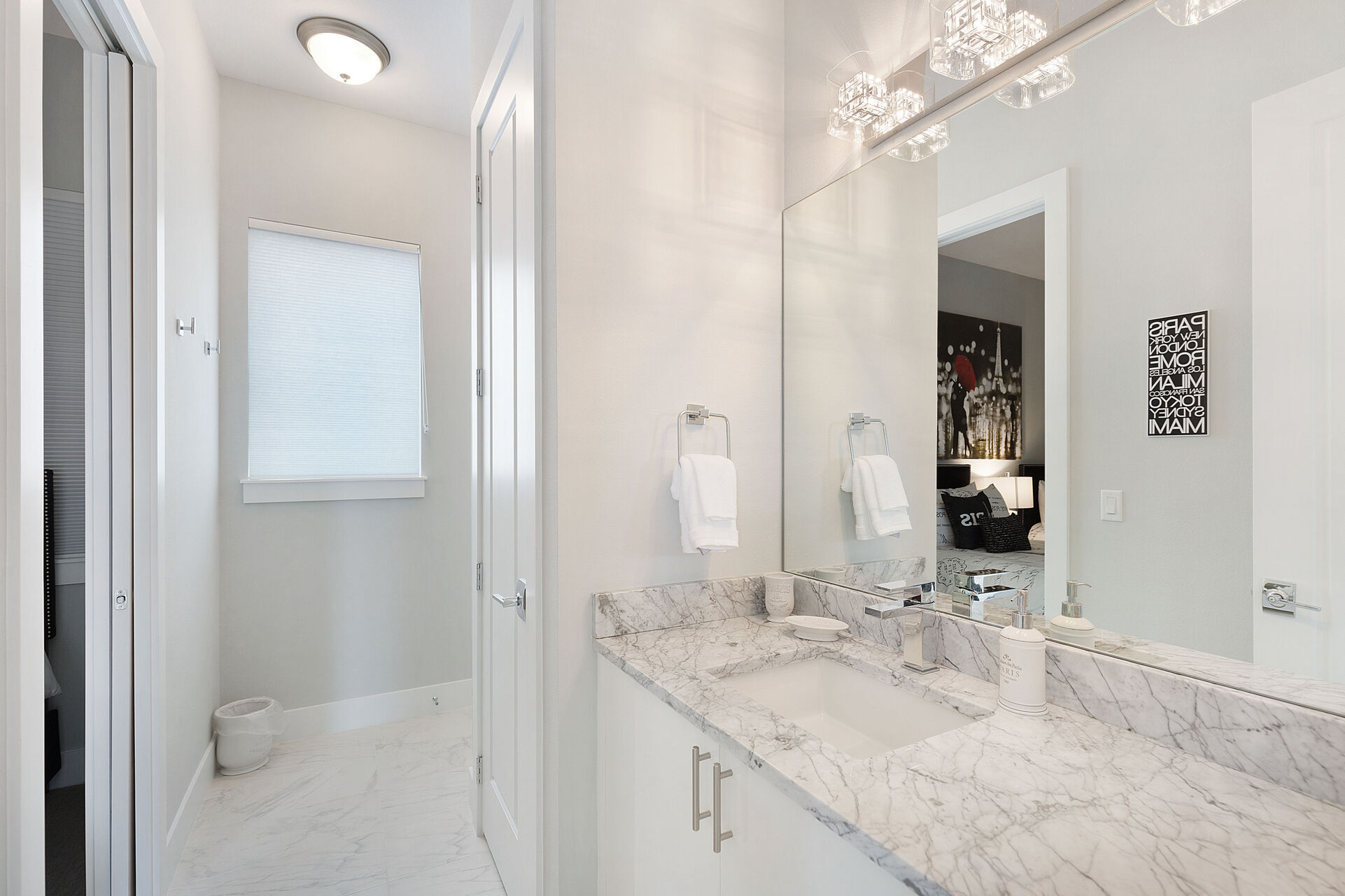 Dual vanity has plenty of space to get ready in