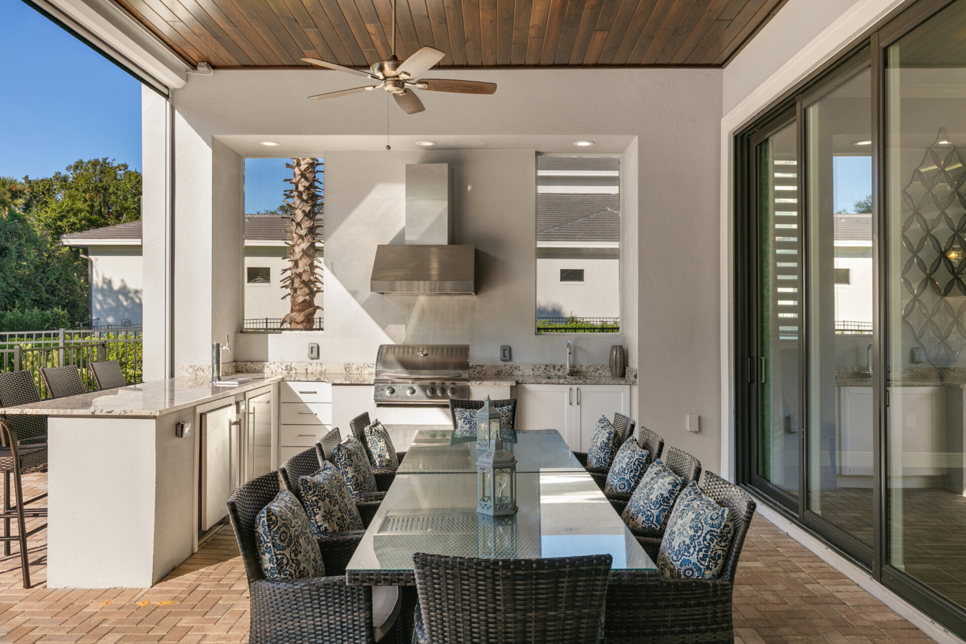 The outdoor dining table seats 10 guests