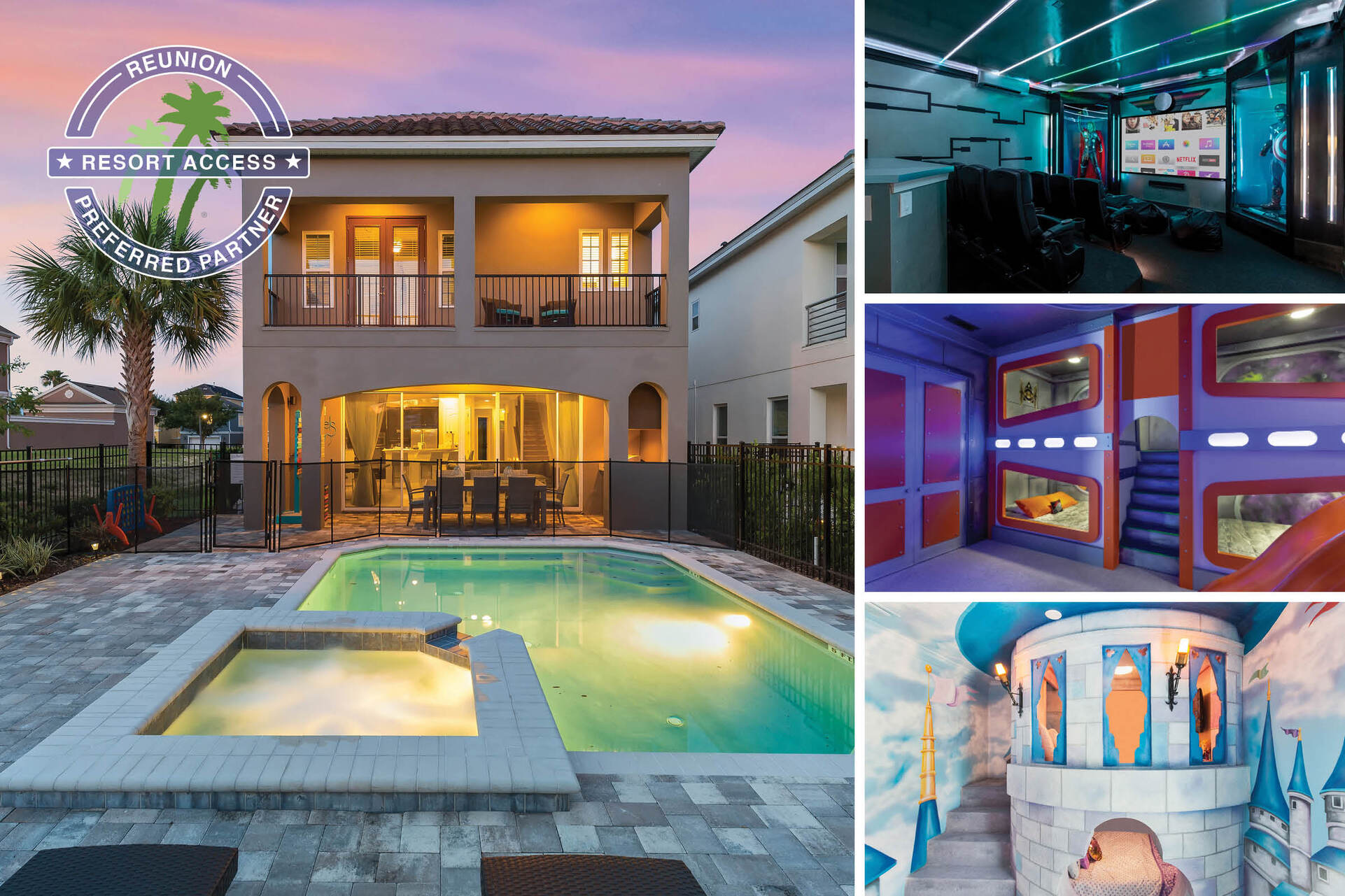 Vacation at the Fun House at Reunion, a 5 bedroom 5 and a half bathroom with a movie room, custom build kids bedrooms, game room, and a West facing private pool | PHOTOS TAKEN: January 2019