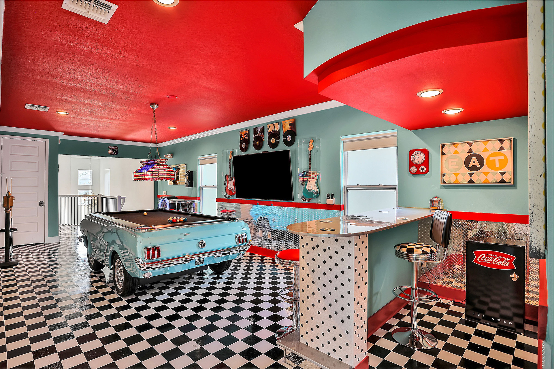 The second-floor recreation room is a great hangout space