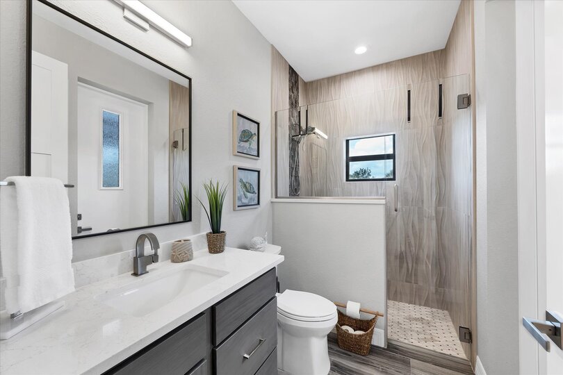 Guest bathroom with walkin shower and lanai access